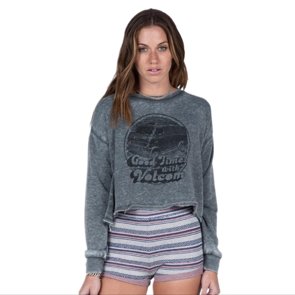 Volcom Juniors Gray Good‎ Times Crop Crossover Back Sweatshirt Small
